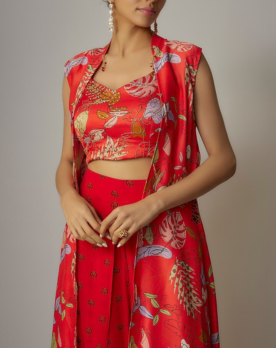 Red Viscose Hand Embroidered & Printed Cape Set