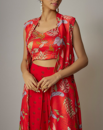 Red Viscose Hand Embroidered & Printed Cape Set