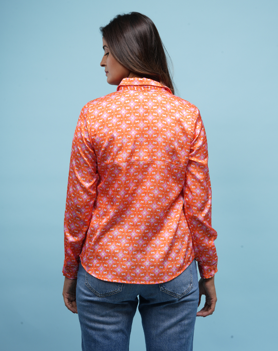 Abstract Print orange colour satin shirt