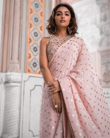 Blush Pink Sequins Saree Set