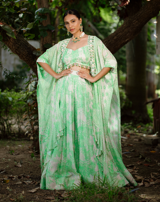 Green Viscose Georgette Digital Printed & Embroidered Palazzo Set