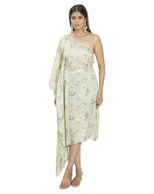 Pastel Green Embroidered Kaftan With Belt