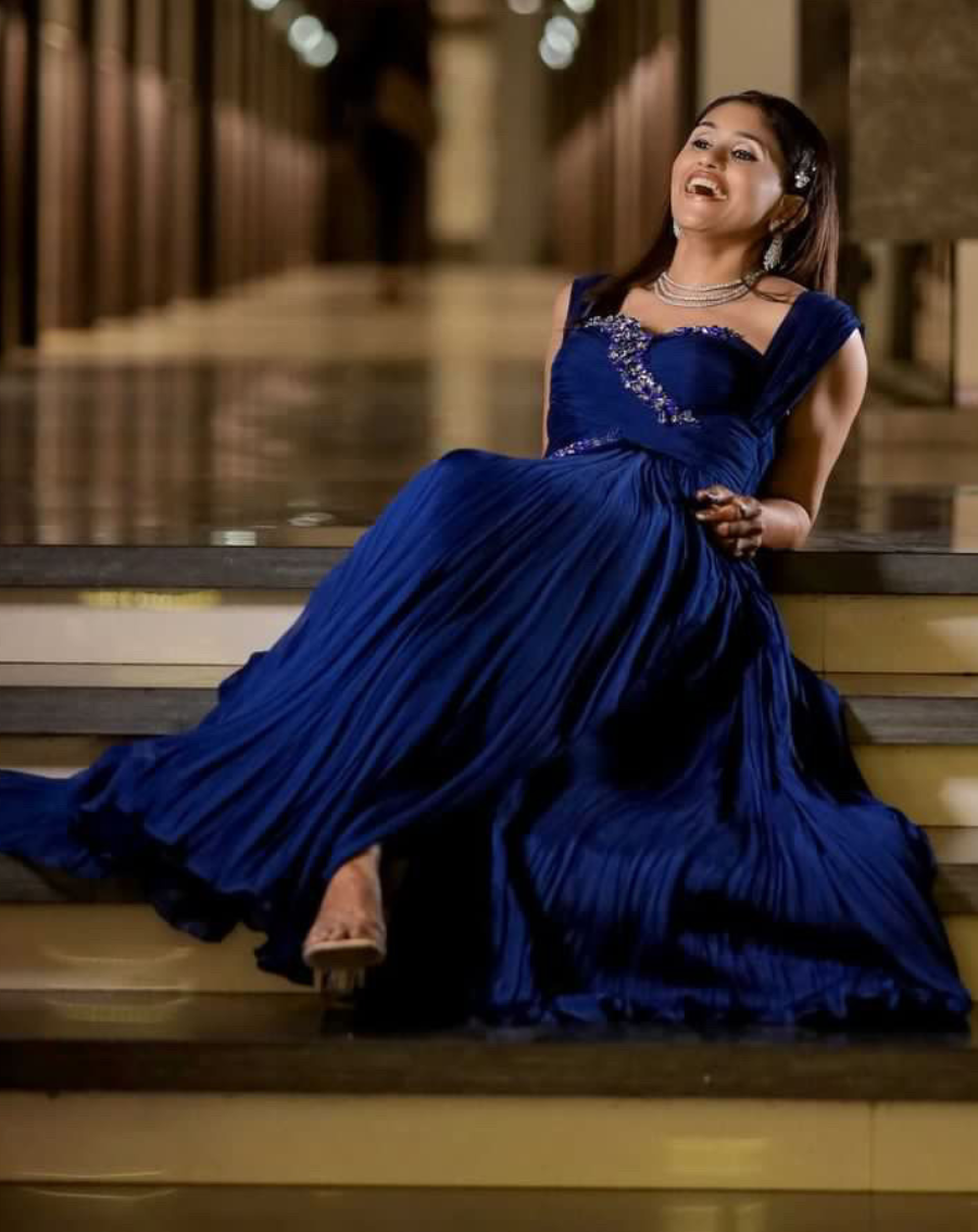 Royal Blue Pleated Cocktail Slit Gown