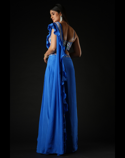 Cobalt Blue Viscose Ruffled Drape Saree Set
