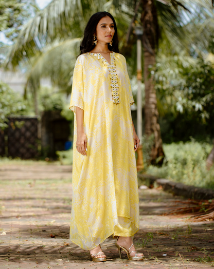 Yellow Viscose Georgette Digital Printed & Embroidered Kaftan Set