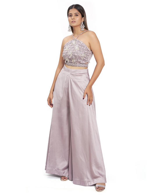 Mauve Satin Palazzo And Embroidered Bustier Set