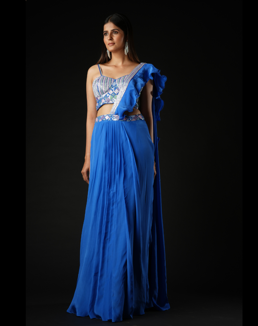Cobalt Blue Viscose Ruffled Drape Saree Set