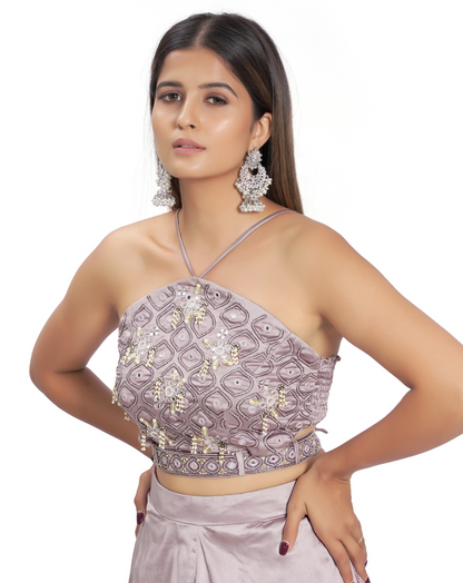 Mauve Satin Palazzo And Embroidered Bustier Set