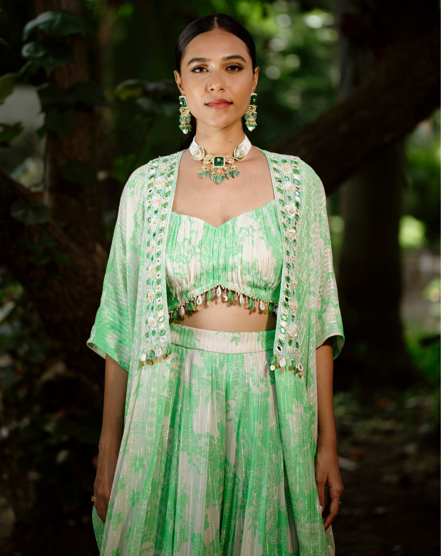 Green Viscose Georgette Digital Printed & Embroidered Palazzo Set