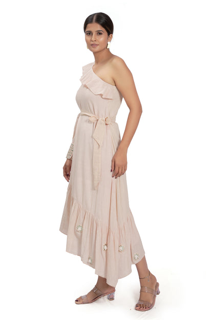 Peach One-Shoulder Gathered Midi Dress