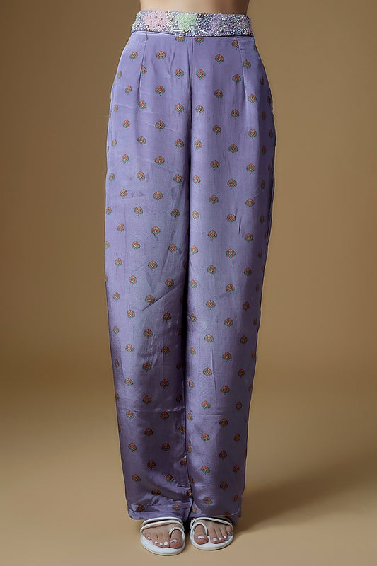 Pastel Purple Crepe Printed & Embroidered Pants