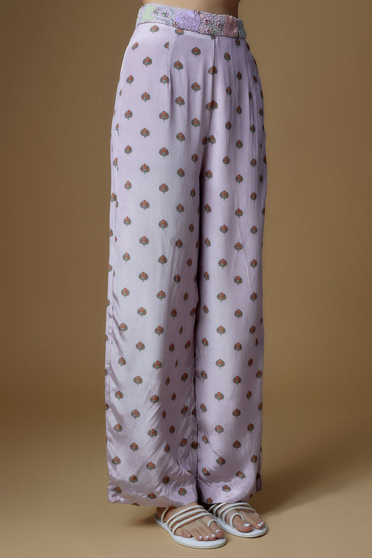 Onion Pink Crape Printed & Embroidered Pants