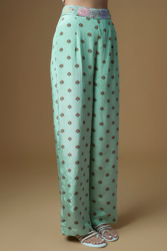 Mint Green Crepe Printed & Embroidered Pant