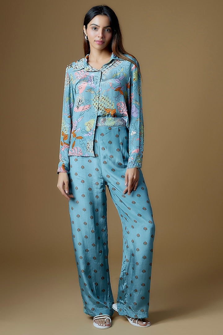 Pastel Blue Crepe Printed & Embroidered Pants