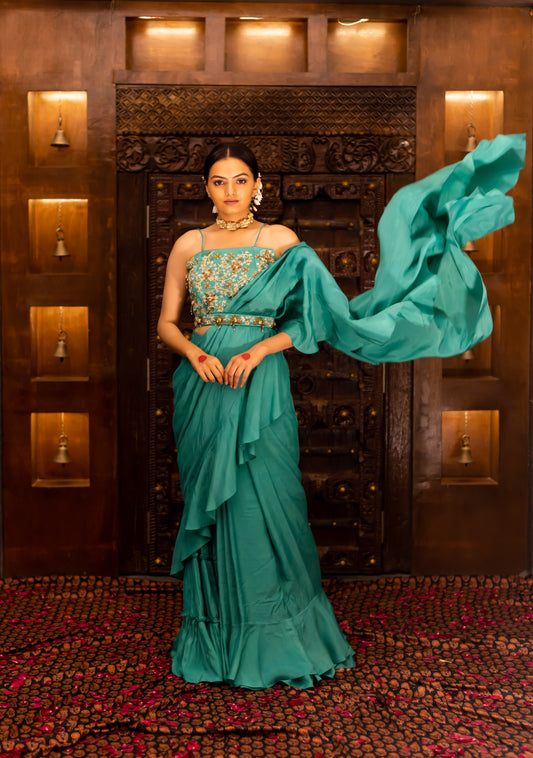 Emerald Green Embroidered Draped Sharara Saree Set