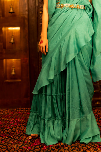 Emerald Green Embroidered Draped Sharara Saree Set