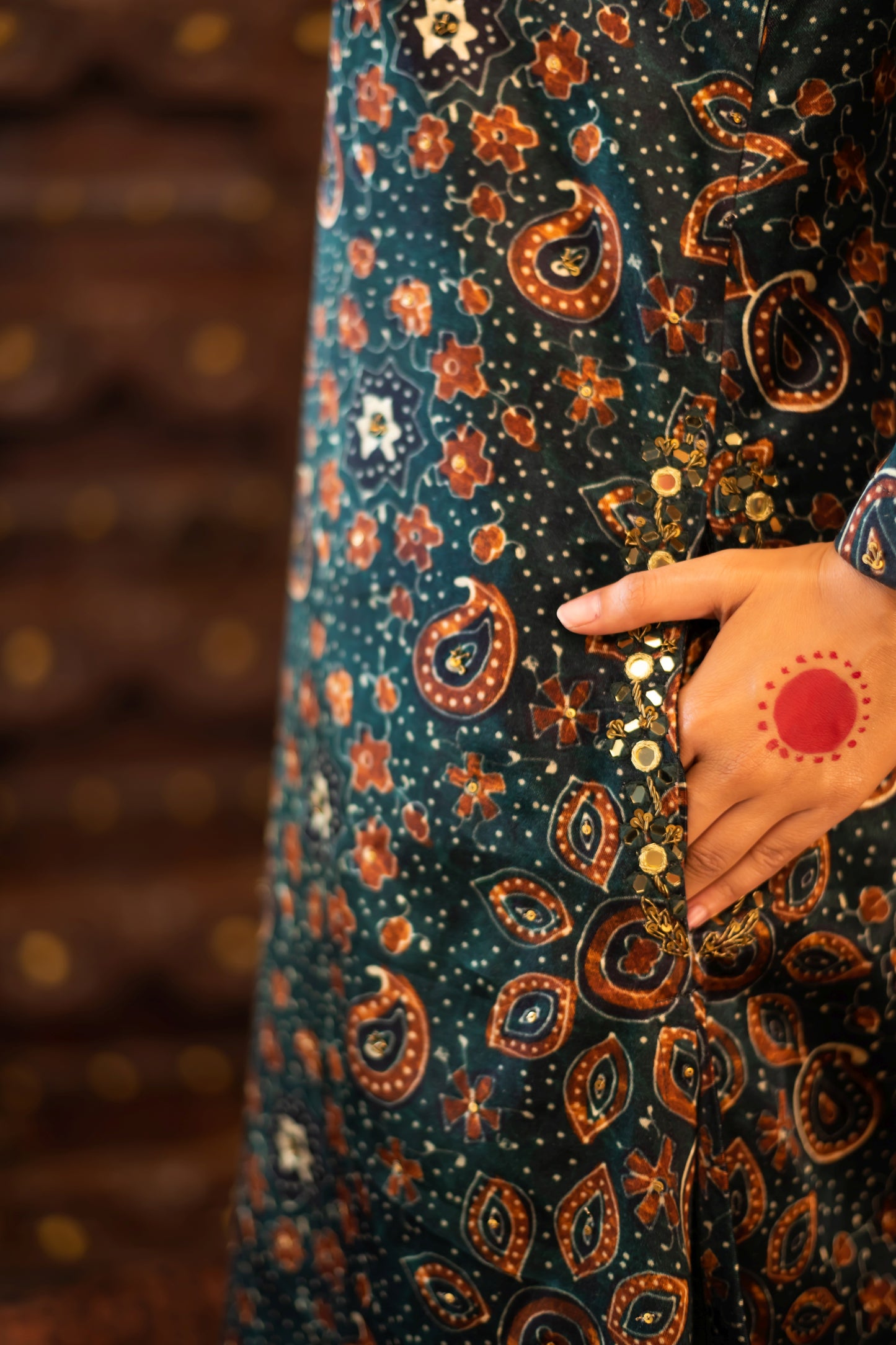Teal Green Satin Hand Embroidered Angrakha Kurta Set